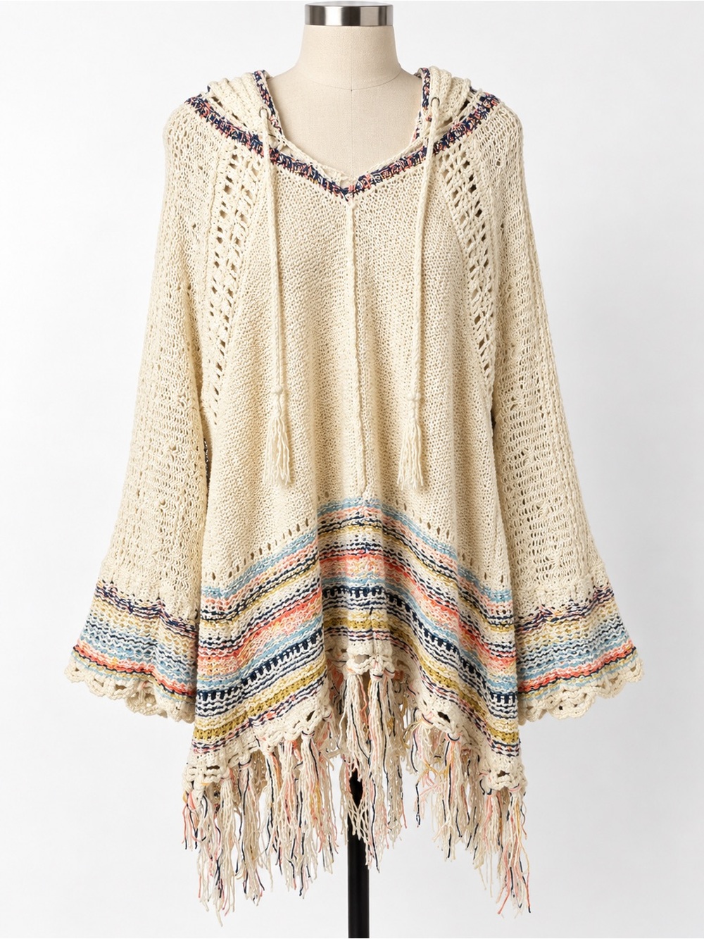 Free People Tah-Loo Knit Hooded Sweater Fringe Tunic Women’s Medium Boho Fall
